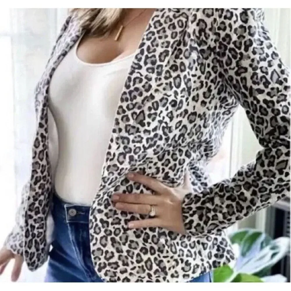 New Rachel Zoe Jacket Womens Beige Gray Leopard Print Blazer Linen Blend Size XL